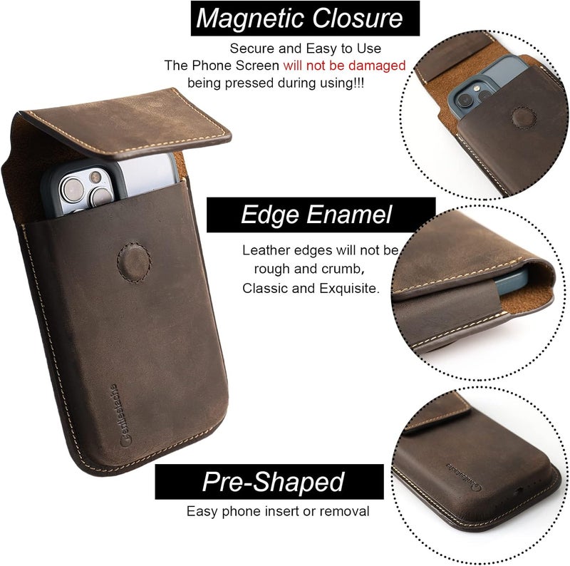 Gentlestache Leather Phone Holster for iPhone 17 16 15 14 Pro Max & Plus - Belt Clip Cell Phone Case for S25 S24 Ultra & Plus - Magnetic Closure Leather Belt Holder Pouch, XL, Darkbrown - Image 3